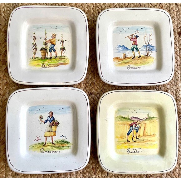 Set of 4 Hand Painted SEASONS Square Plates 9" Italy Vintage RARE - Picture 7 of 16